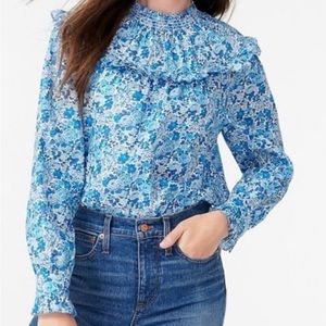 J CREW Liberty of London Smocked Popover Top Ditzy Floral Blue White Size XXS